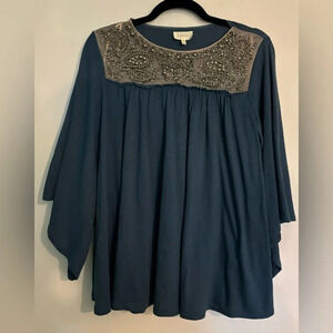 Anthropologie Deletta Womens Beaded Bib Blouse size Small Flowy Sleeves Bohemian